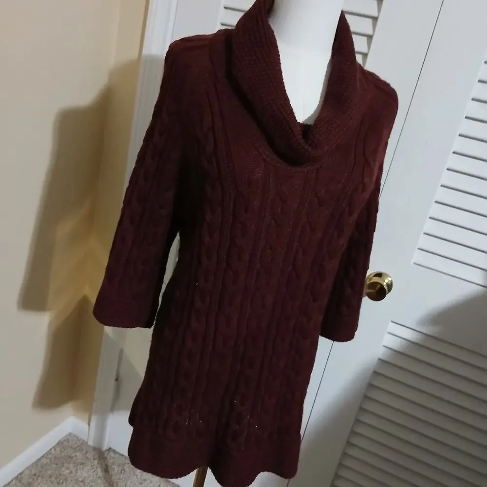 Coldwater Creek L (14/16) Maroon Cable Knit Cowl Neck Wool Blend Tunic Sweater